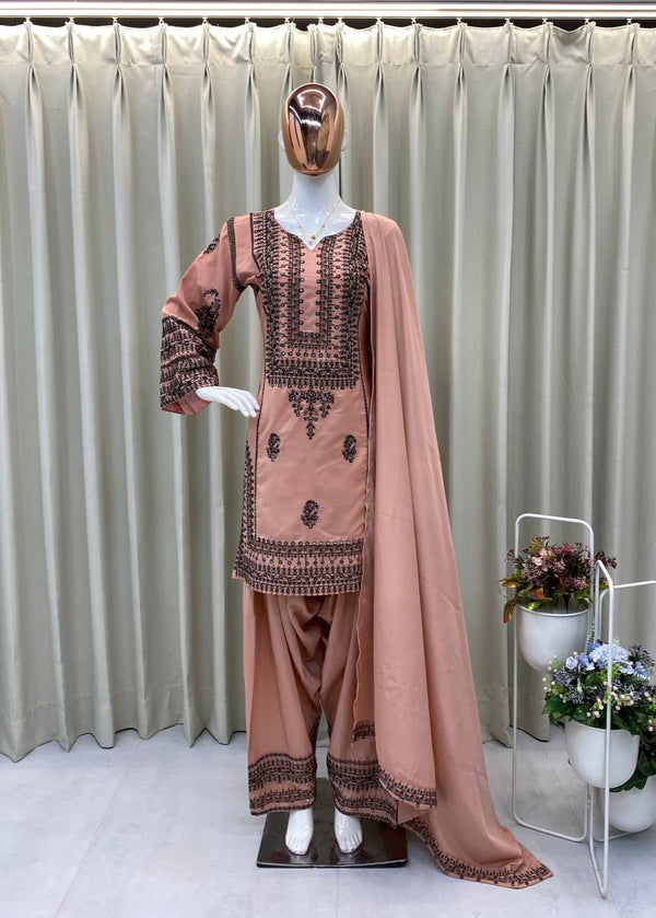 Salmon Pink Farsi Salwar Suit in French Crepe with Sequin Embroidery - Tiamgee