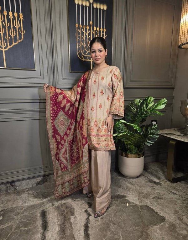 Beige Printed French Crepe Farsi Salwar Suit