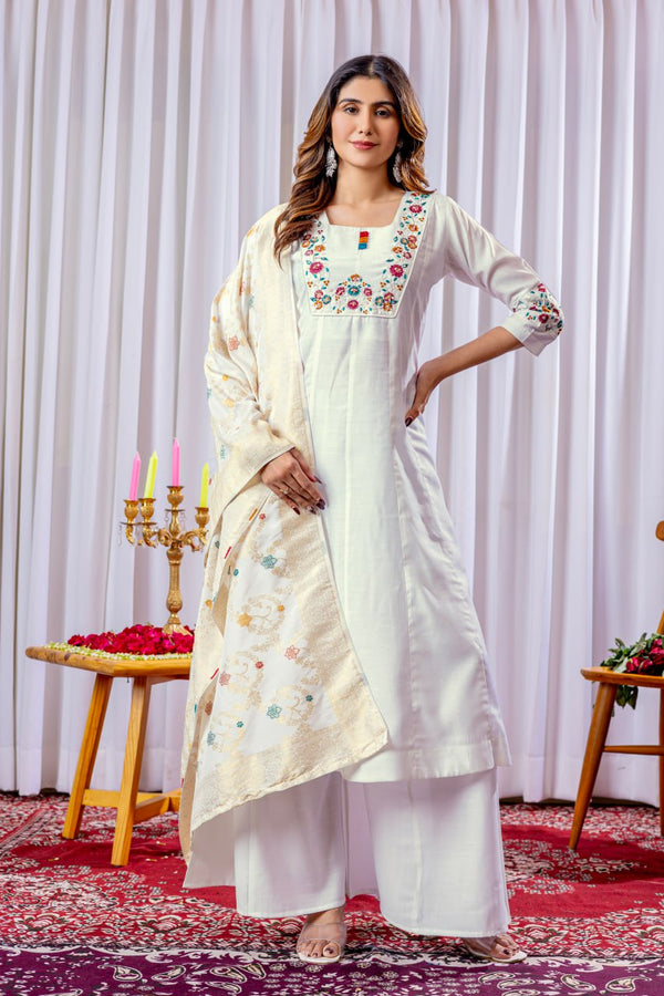 White Mango Silk Kurti Plazo Dupatta Set