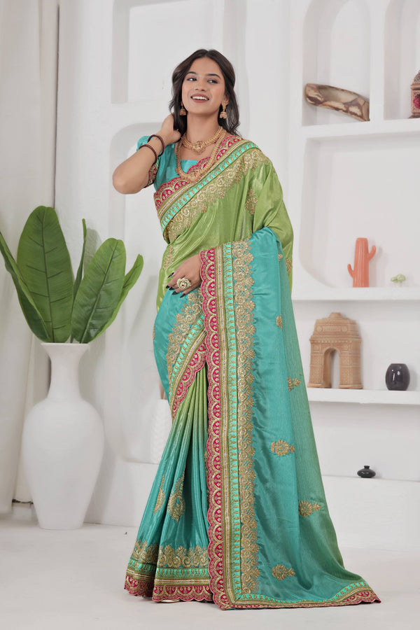 Green & Red Chinon Silk Embroidered Saree Set