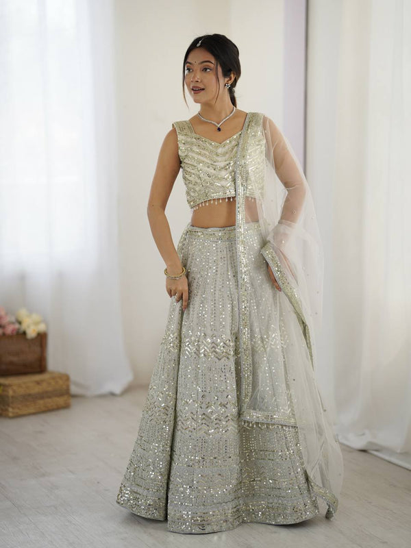 Gray Georgette Embroidered Lehenga Set with Sequins & Dori Work - Tiamgee