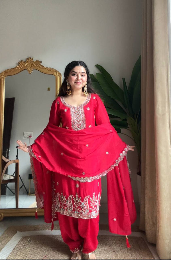 Pink Chinon Kurti Set with Salwar and Dupatta