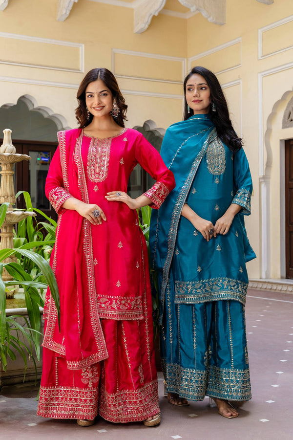 Chinon Silk Embroidered Kurti Set