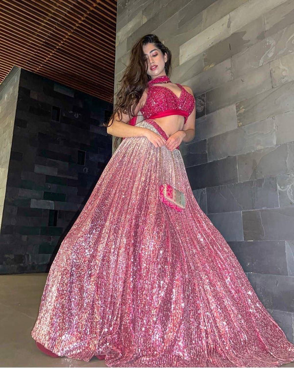 Pink Satin Silk Lehenga with Sequins Work, Blouse & Net Dupatta