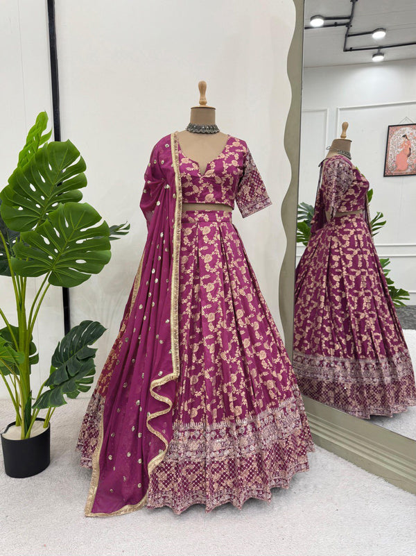 Jacquard Thread & Sequin Embroidered Lehenga Set - Tiamgee
