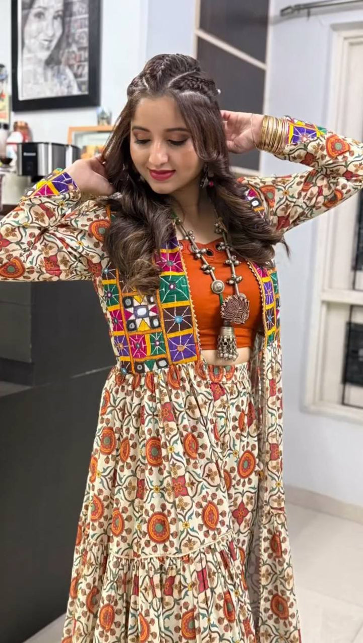 Pure Cotton 6-Meter Flare Navratri Lehenga Choli Set with Shrug - Tiamgee
