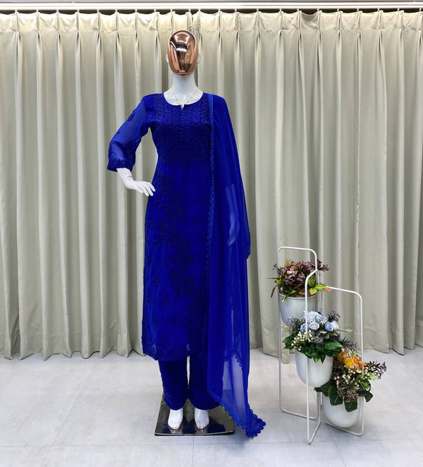 Georgette Kurti Set with Embroidered Pant and Dupatta