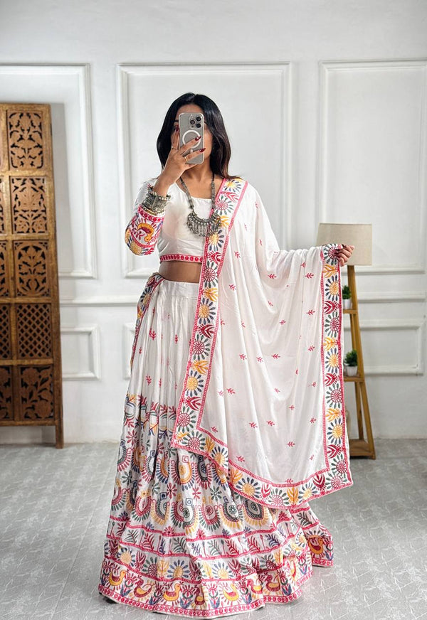 White Pure Rayon Silk Embroidered Lehenga Choli with Dupatta (Navratri Collection)