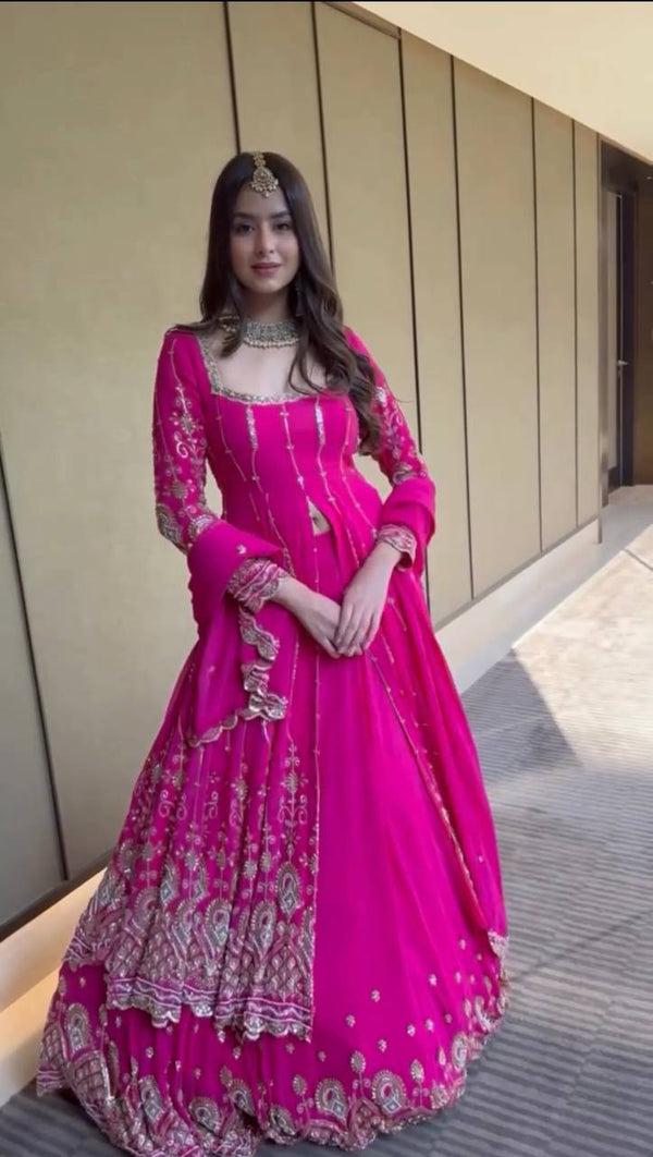 Pink Faux Georgette Top & Lehenga Set with Dupatta