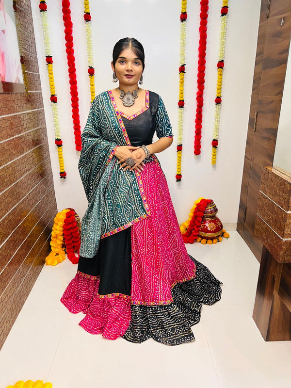 Pink Bandhani Printed Cotton Silk Lehenga (6 Meter Flair)
