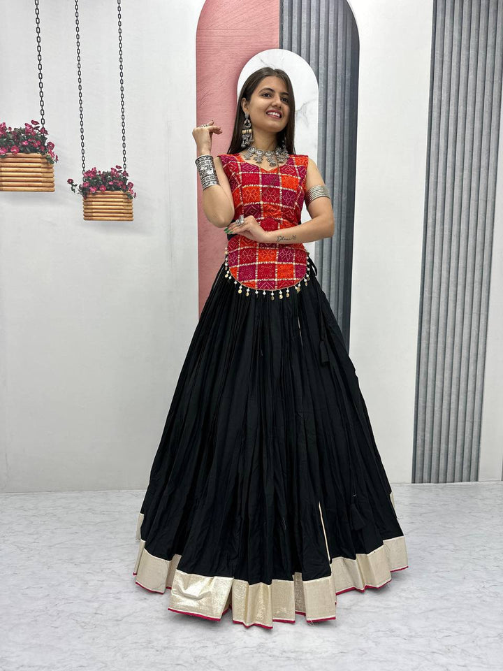Black 6-Meter Heavy Flare Pure Cotton Navratri Lehenga Choli - Tiamgee
