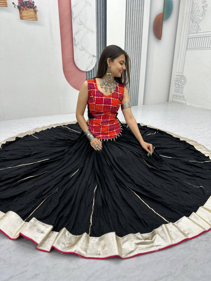 Black 6-Meter Heavy Flare Pure Cotton Navratri Lehenga Choli - Tiamgee