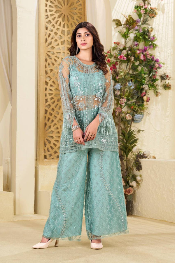 Green Butterfly Net Top & Palazzo Set with Blouse