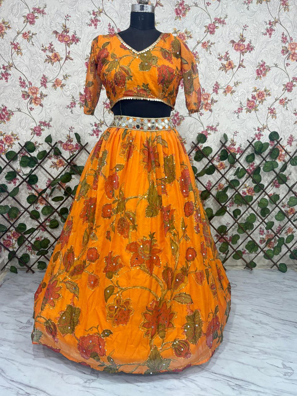 Orange Taby Silk Lehenga with Print, Hand Mirror & Sequins Work