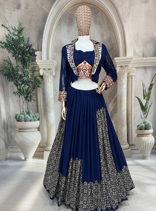 Navy Blue Faux Georgette Embroidered Lehenga Choli with Koti (Navratri Collection)