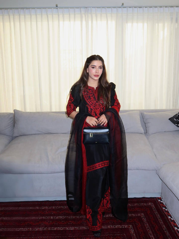 Black Heavy Chinon Silk Embroidered Kurti with Plazzo and Dupatta