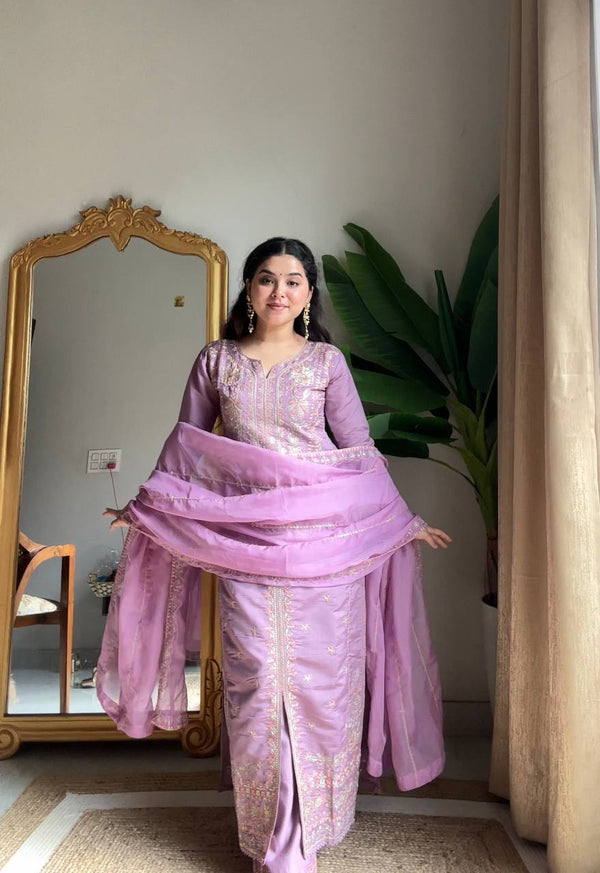 Violet Roman Silk Kurti Set with Palazzo and Organza Dupatta
