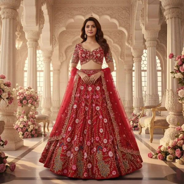 Red Soft Net Lehenga Choli with Sequins Embroidery & Dupatta