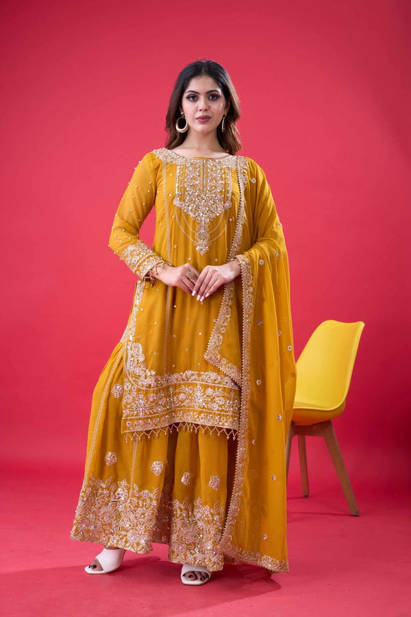 Heavy Faux Georgette Embroidered Palazzo Set with Dupatta