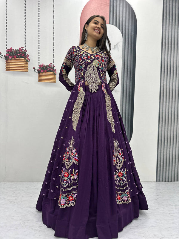 Purple Pure Vichitra Crop Top with Lehenga & Embroidered Shrug