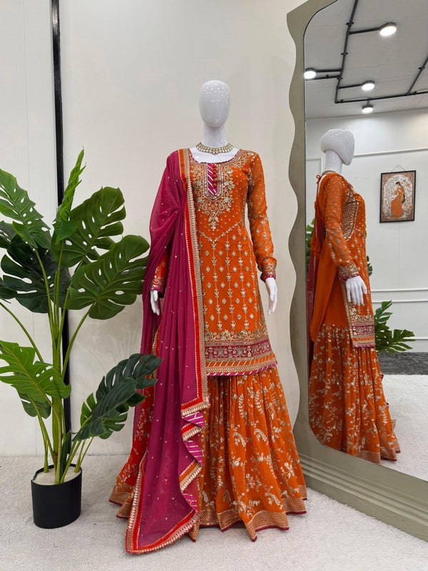 [product_color] Faux Georgette Sharara Top Dupatta Set - Tiamgee