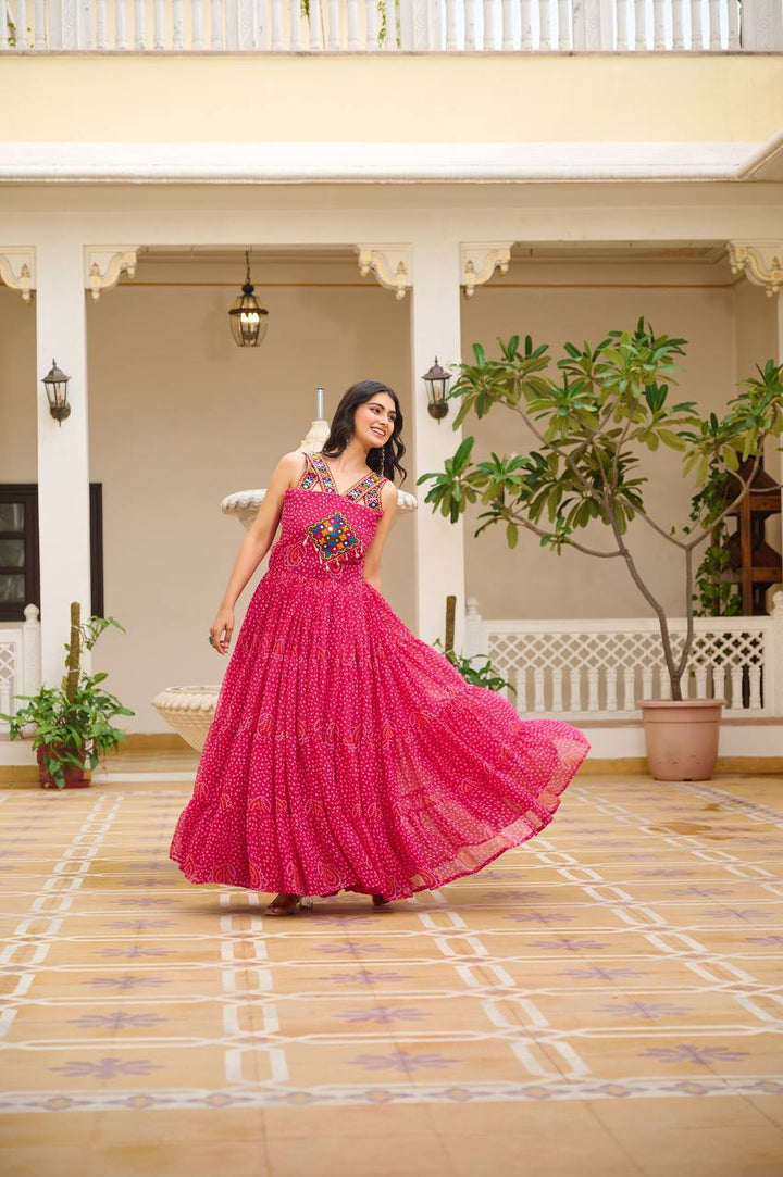 Navratri Special 12 Meter Flare Gamathi Work Bandhani Gown - Tiamgee