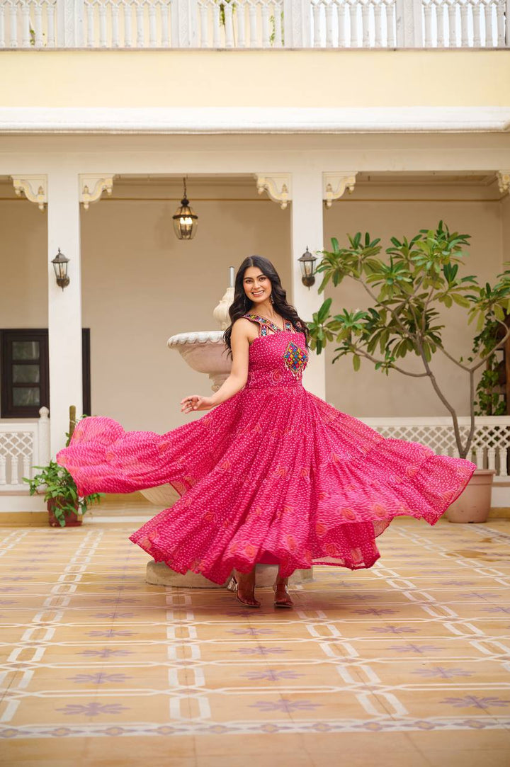 Navratri Special 12 Meter Flare Gamathi Work Bandhani Gown - Tiamgee