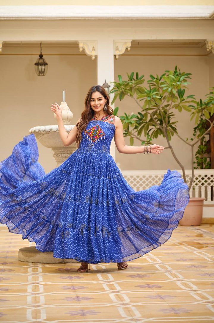 Navratri Special 12 Meter Flare Gamathi Work Bandhani Gown - Tiamgee