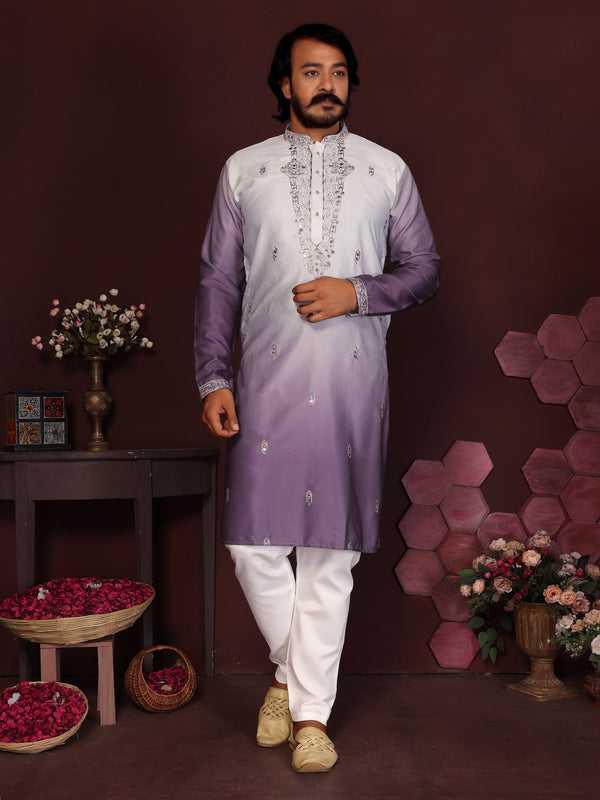 Cotton Silk Kurta Pyjama with Embroidery Sequins Work Men's Kurta