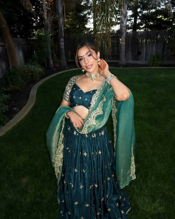 Teal Japan Satin Thread & Sequin Embroidered Lehenga Set - Tiamgee