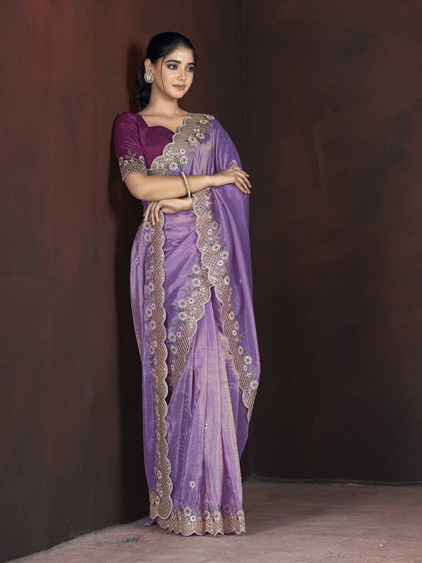 Gold Crunchy Embroidered Saree with Floral Thread & Sequins Work