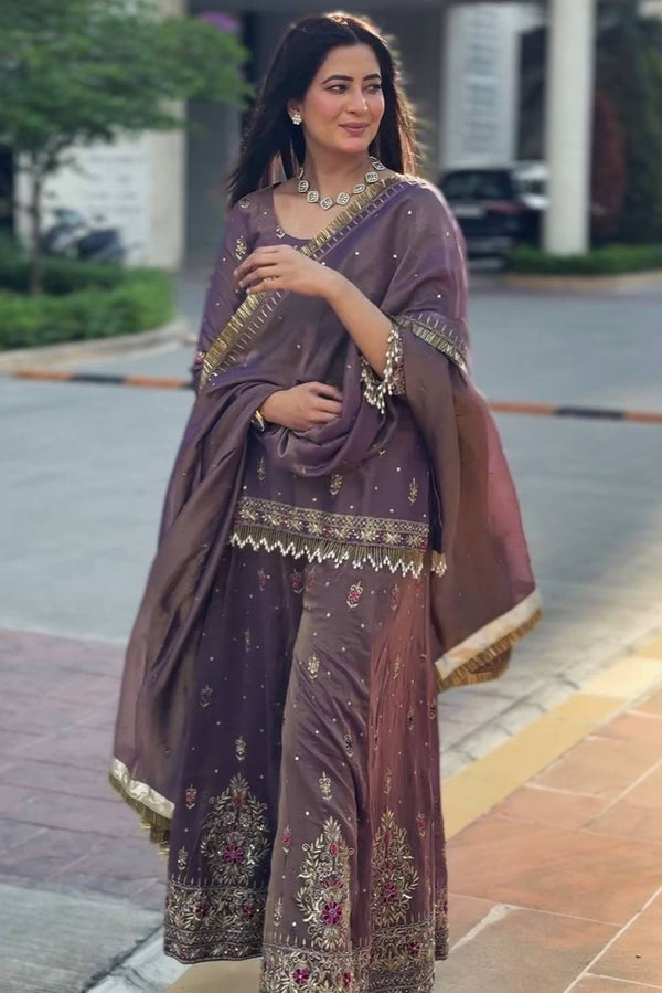 Purple Twill Gold Net Embroidered Palazzo Set