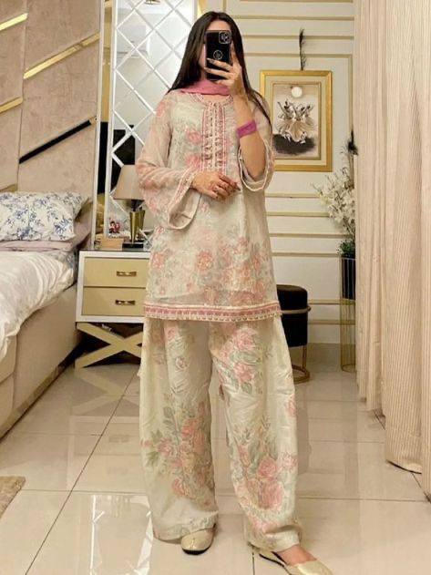 Cream Pure Chiffon Georgette Digital Print Farshi Plazzo Set
