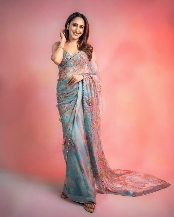 Blue Tabby Silk Printed Saree with Handwork and Mirror Work