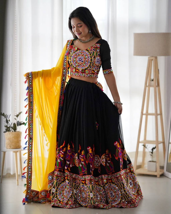 Black Faux Georgette Lehenga with Original Mirror and Chain-Stitch Work