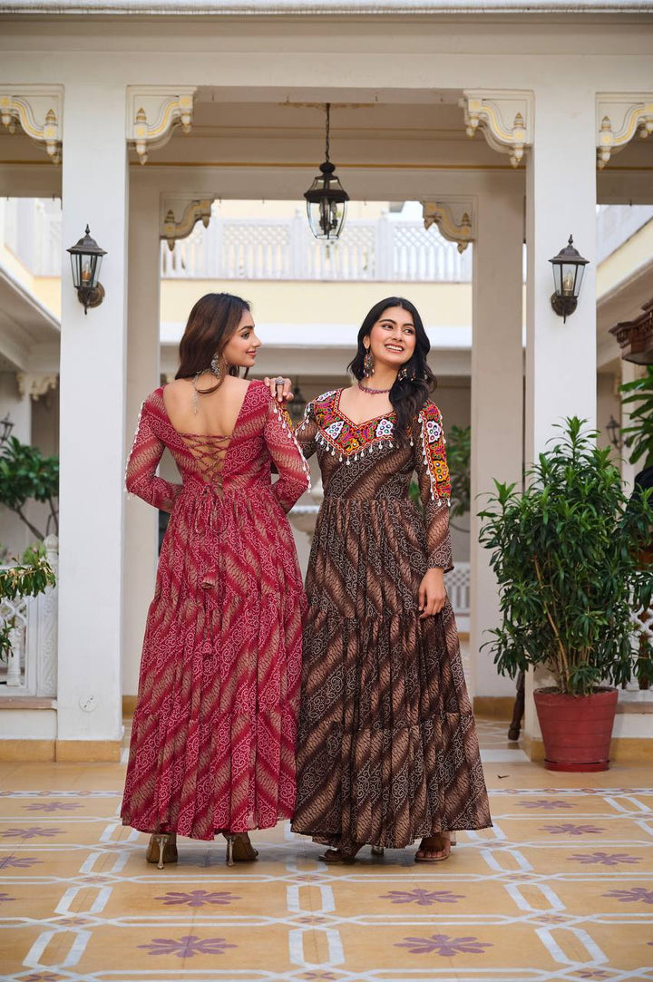 Maroon & Brown Navratri Special 9 Meter Flare Gamathi Work Bandhani Gown - Tiamgee