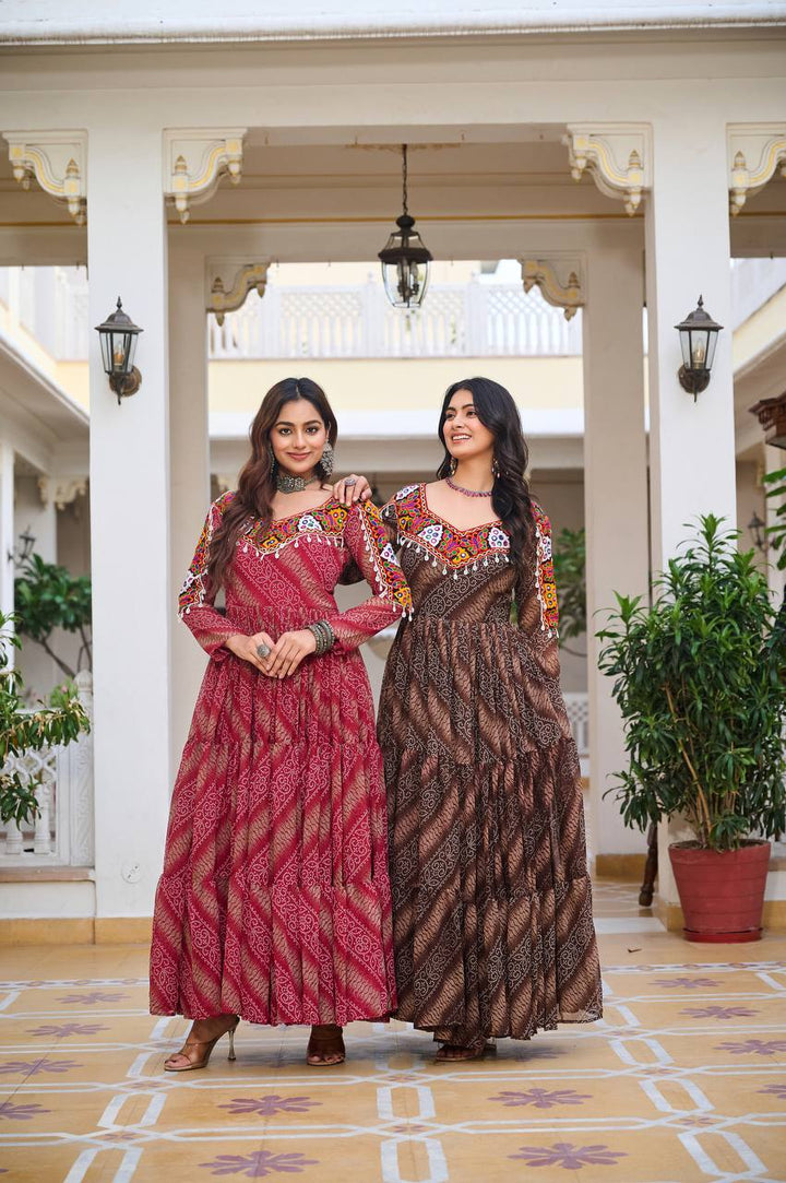 Maroon & Brown Navratri Special 9 Meter Flare Gamathi Work Bandhani Gown - Tiamgee