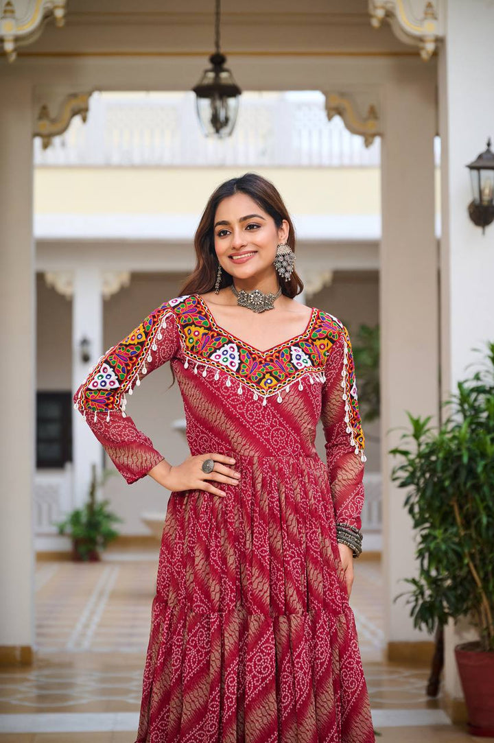 Maroon & Brown Navratri Special 9 Meter Flare Gamathi Work Bandhani Gown - Tiamgee