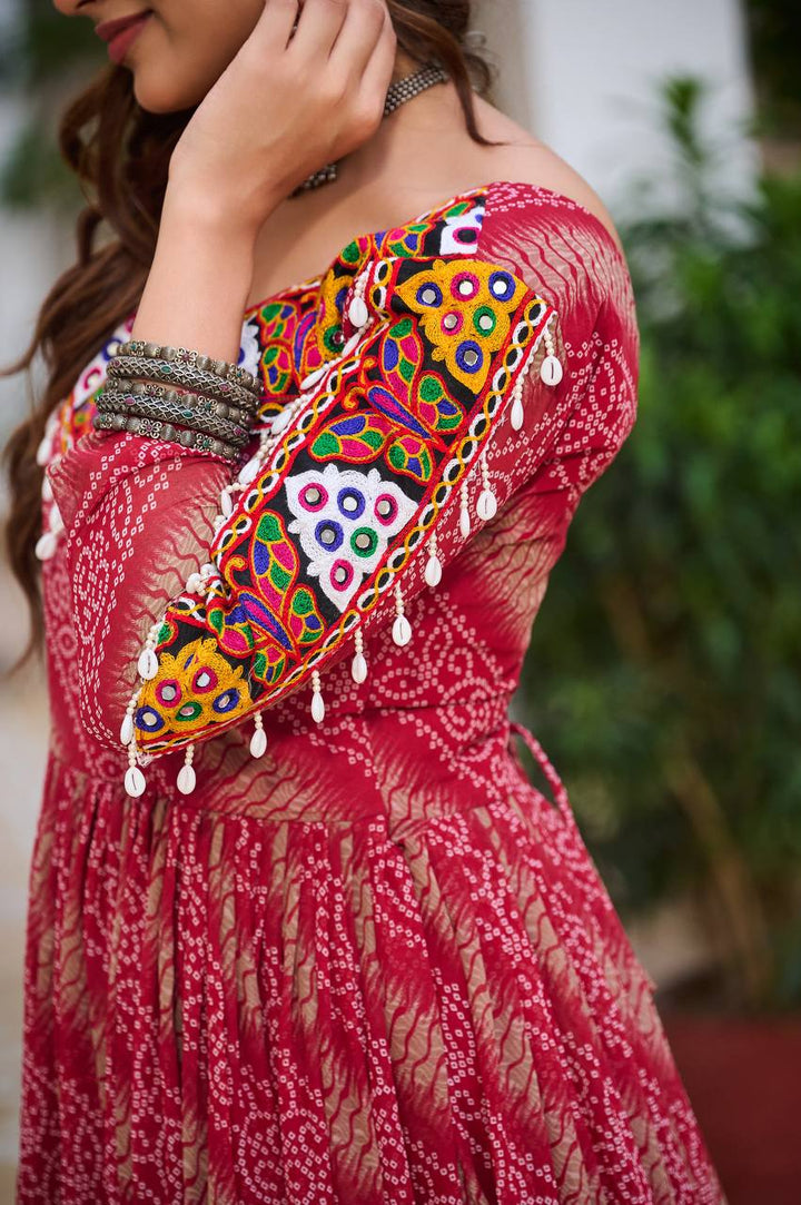 Maroon & Brown Navratri Special 9 Meter Flare Gamathi Work Bandhani Gown - Tiamgee
