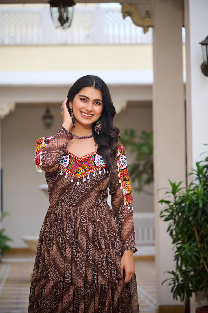 Maroon & Brown Navratri Special 9 Meter Flare Gamathi Work Bandhani Gown - Tiamgee