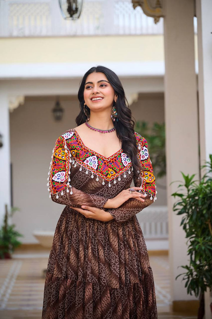 Maroon & Brown Navratri Special 9 Meter Flare Gamathi Work Bandhani Gown - Tiamgee