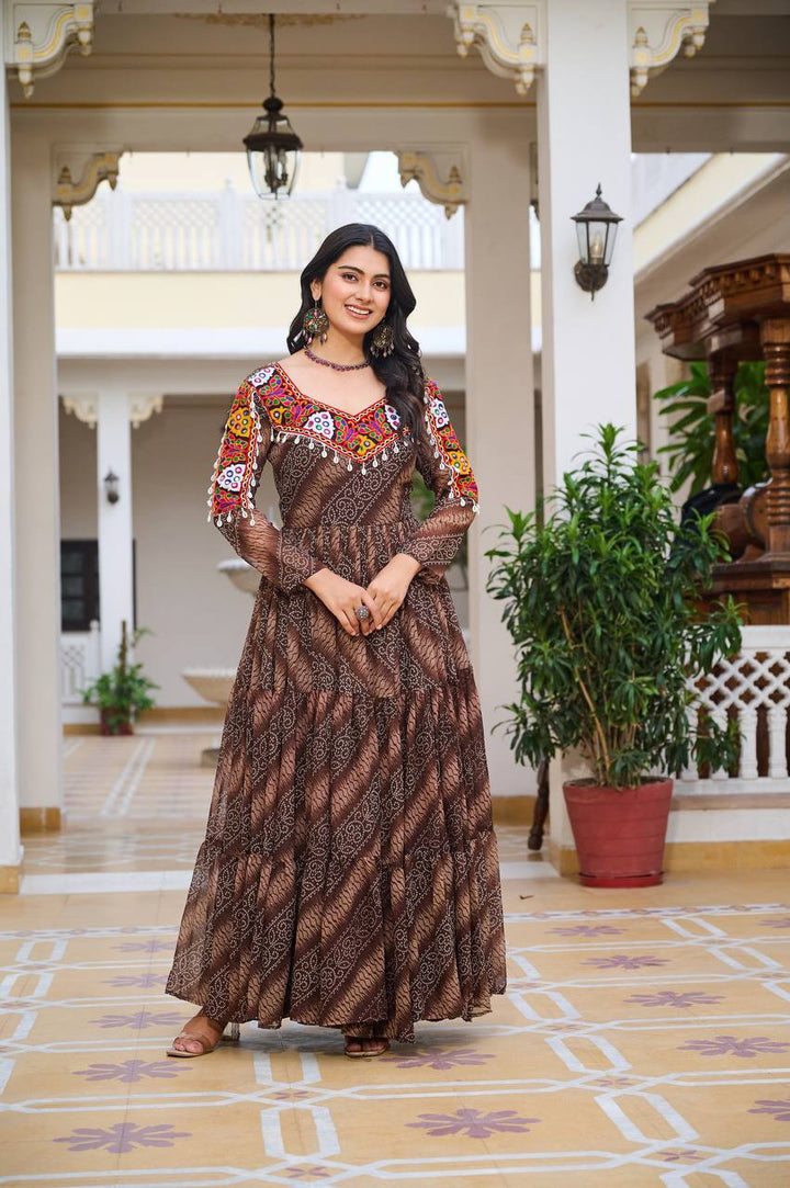 Maroon & Brown Navratri Special 9 Meter Flare Gamathi Work Bandhani Gown - Tiamgee