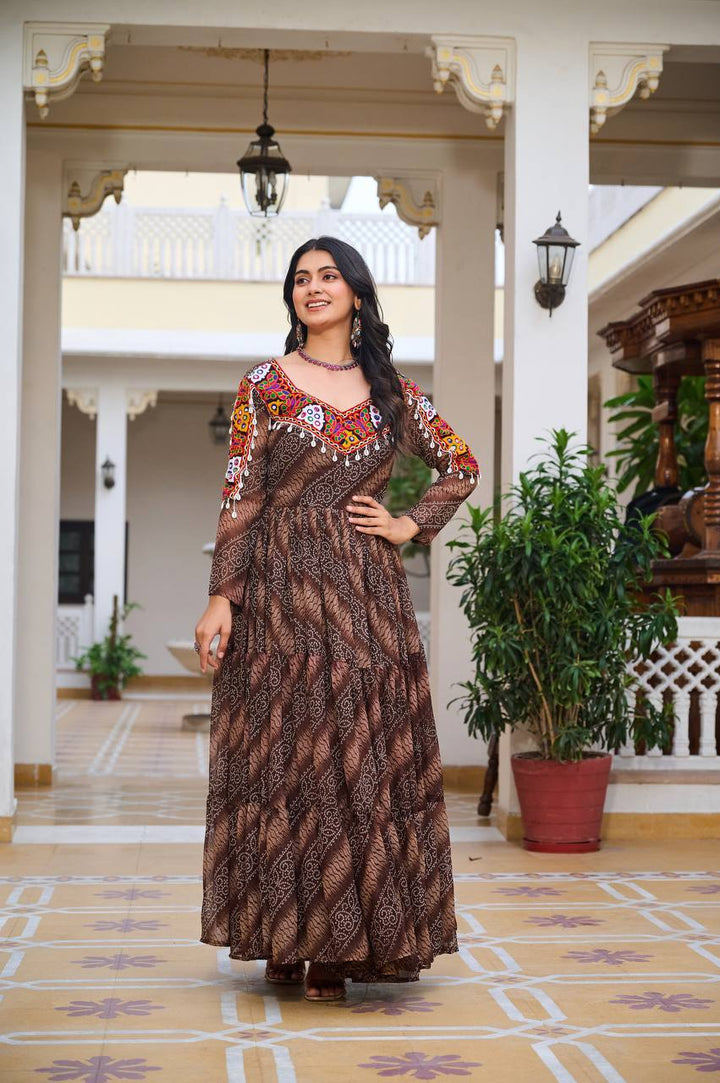 Maroon & Brown Navratri Special 9 Meter Flare Gamathi Work Bandhani Gown - Tiamgee