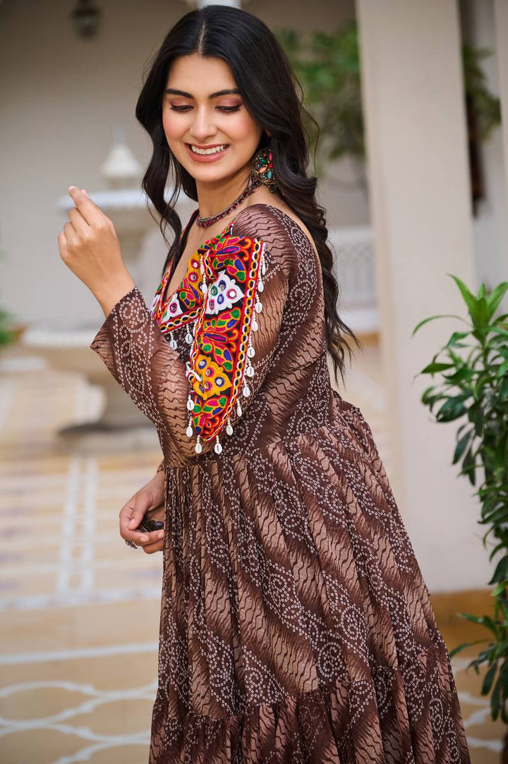 Maroon & Brown Navratri Special 9 Meter Flare Gamathi Work Bandhani Gown - Tiamgee