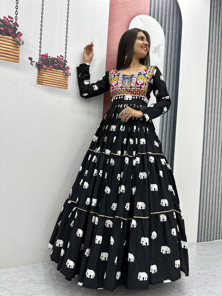 Black Navratri Special 9-Meter Flare Pure Cotton Gown - Tiamgee