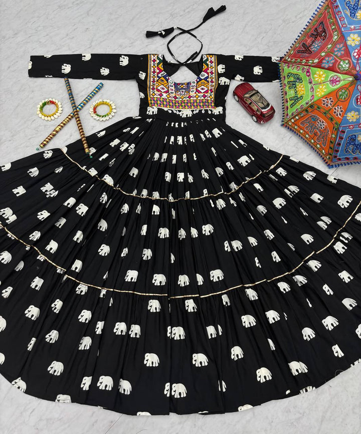 Black Navratri Special 9-Meter Flare Pure Cotton Gown - Tiamgee