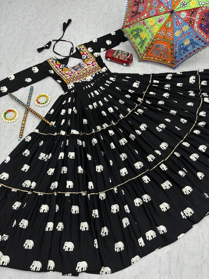 Black Navratri Special 9-Meter Flare Pure Cotton Gown - Tiamgee