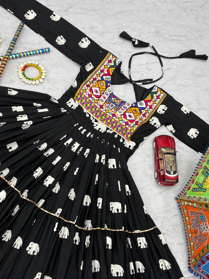 Black Navratri Special 9-Meter Flare Pure Cotton Gown - Tiamgee