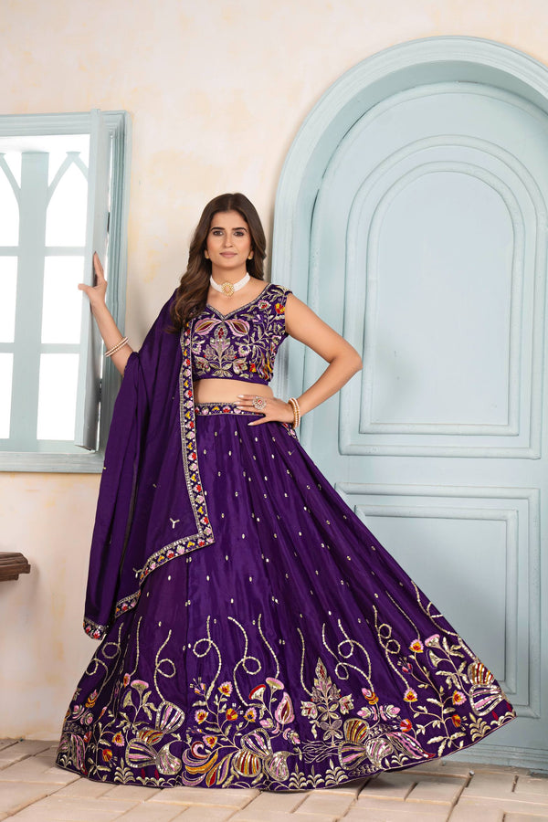 Purple Chinon Embroidered Lehenga Set