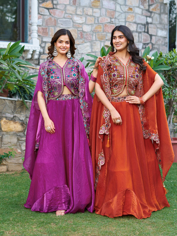 Purple & Orange Pure Fendy Silk Wedding Special Lehenga Choli Set